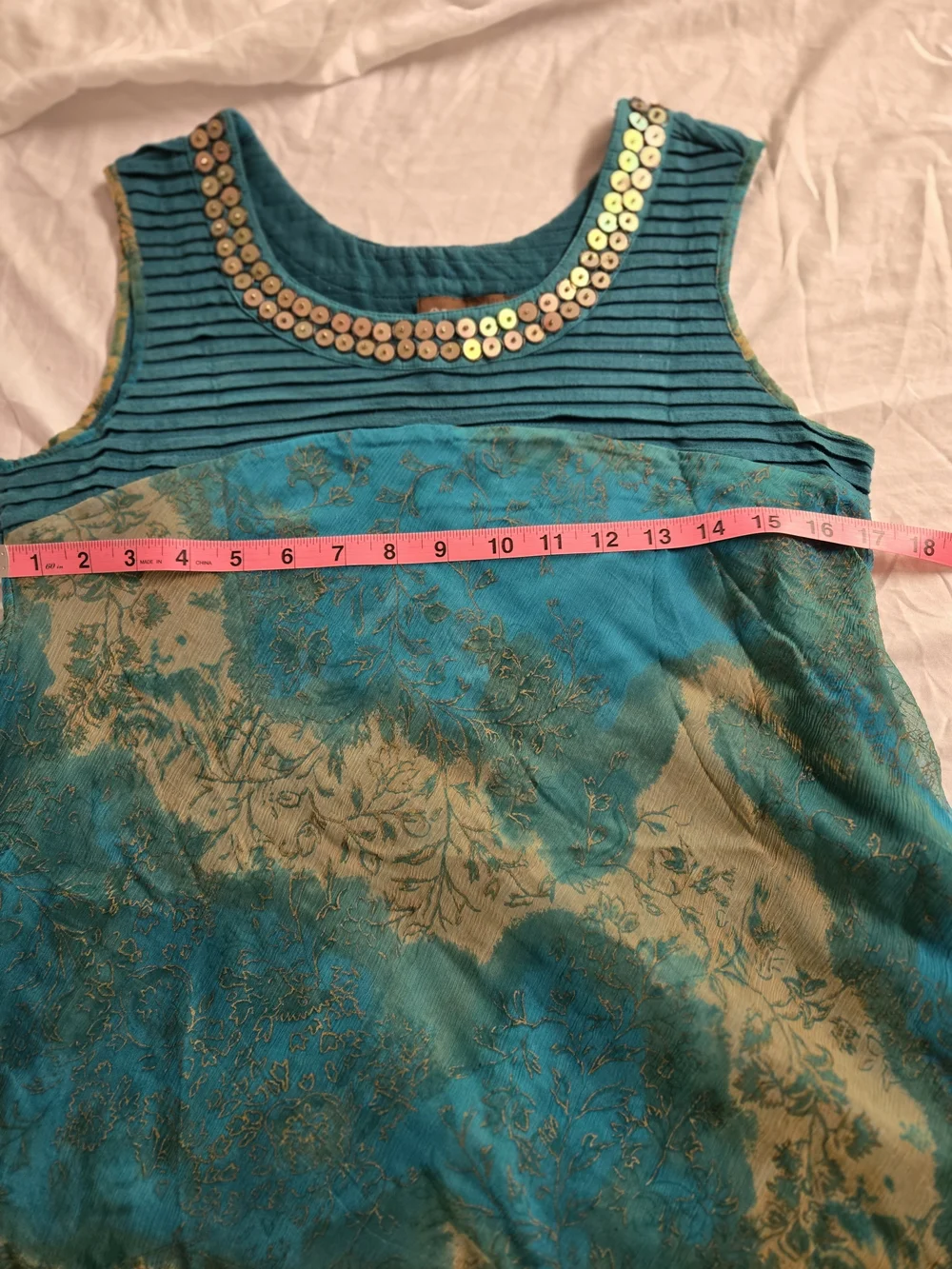 Sleeveless Teal Floral Chiffon Dress/Tunic with Embellished Neckline - Picture 8 of 14
